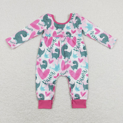 LR0877 Baby Girl Valentine's Day Dinosaurs Hearts Long Sleeves Romper