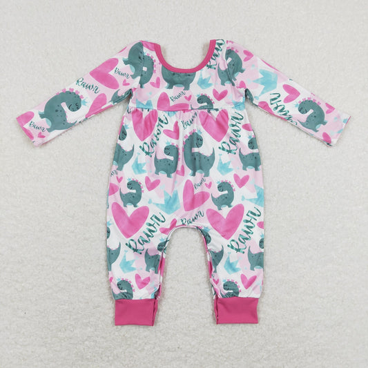 LR0877 Baby Girl Valentine's Day Dinosaurs Hearts Long Sleeves Romper