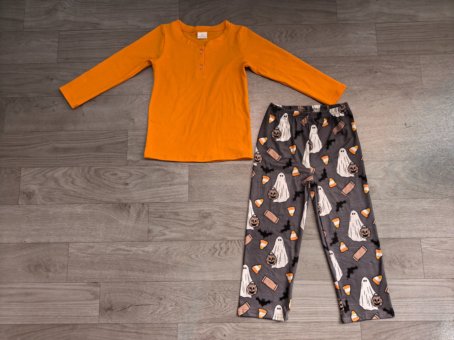 ( No moq ) Preorder Baby Boys Kids Orange Shirt Pumpkins Ghosts Halloween Pants Set Clothes