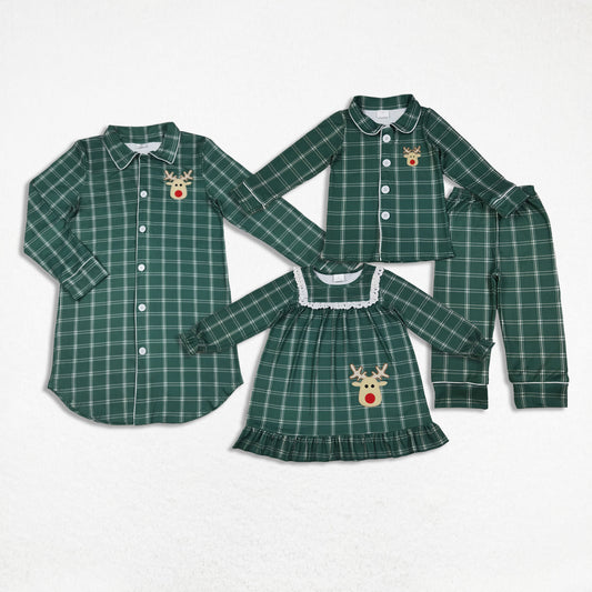 Sibling Boys Girls Adult Women Christmas Embroidery Deer Green Plaid Dress Pajamas Shirt Set RTS