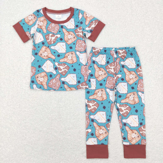 BSPO0238 Baby Boy Western Cow Print Shirt Pants Set Pajamas