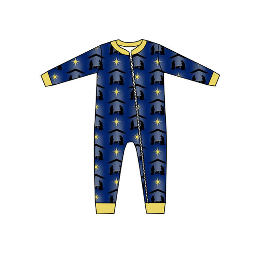 Baby Boy Christmas Blue Nativity Long Sleeve Zip Romper