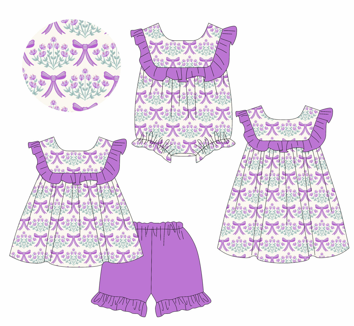 Baby Girl Flower Bows Purple Sibling Romper Dress Set ( Moq 5 Each Style ) 1.14