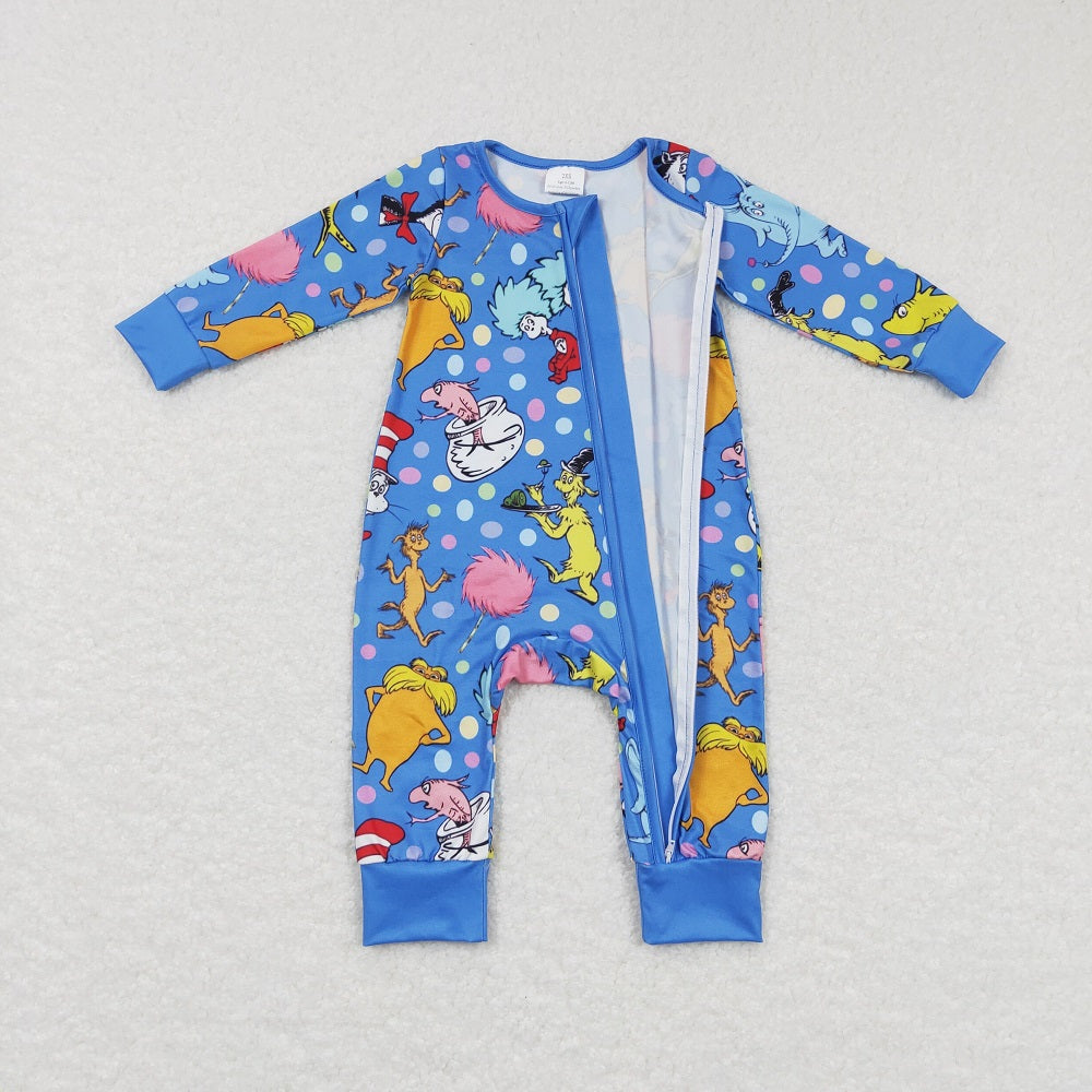 LR0784 Baby Boy Long Sleeves Dr Reading Zipper One Piece Blue Romper