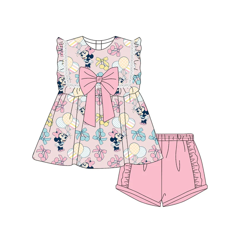 Baby Girl Sleeveless Cartoon Mouse Balloons Tunic Ruffle Short Set ( Moq 5 )