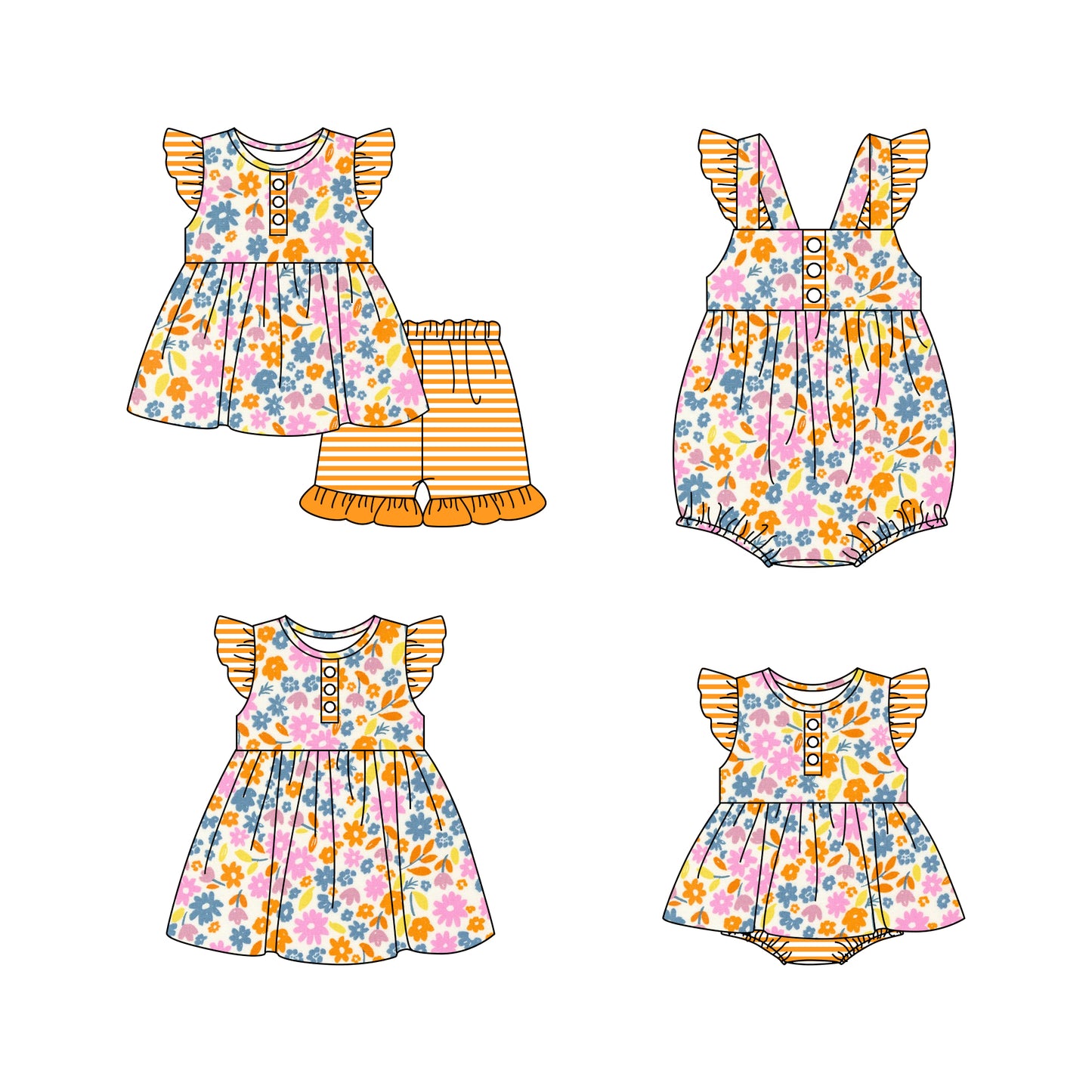 Baby Girl Short Sleeves Flower Sibling Romper Dress Clothes Set ( Moq 5 Each Design )