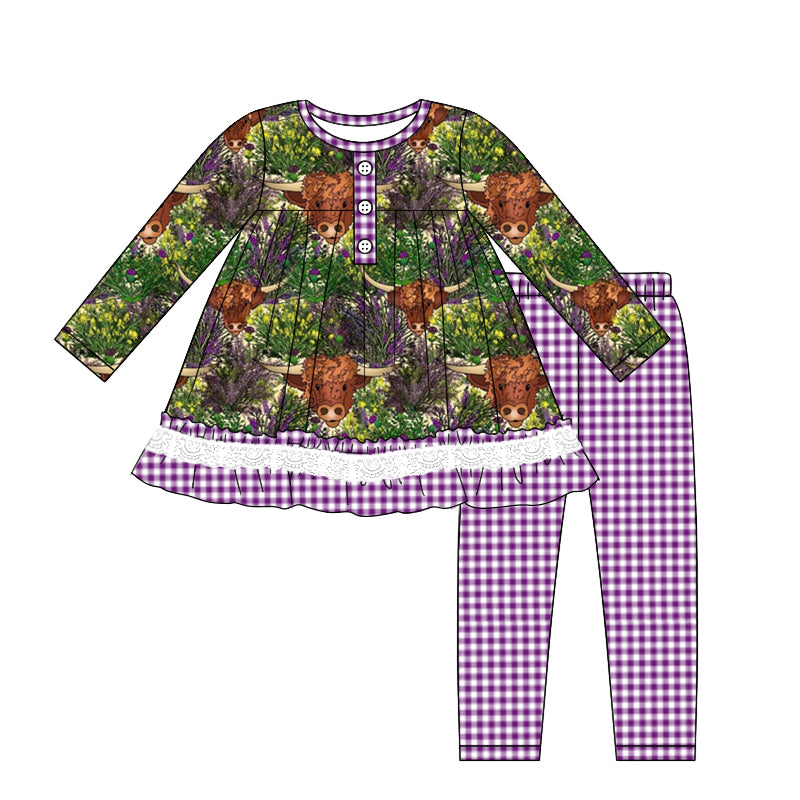 Baby Girl Long Sleeves Cow Tunic Purple Plaid Pants Set