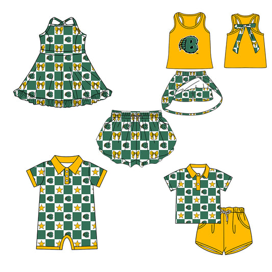 ( Moq 5 Each Style ) Baby Boys Girls Toddler Bows Green Plaid Team Sibling Shorts Dress Sets Clothes