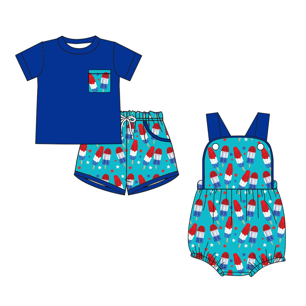 ( Moq 5 Each Style ) Sibling Baby Boys Kids Popsicle Stars Shirt Pockets Shorts 4th of July Set Romper