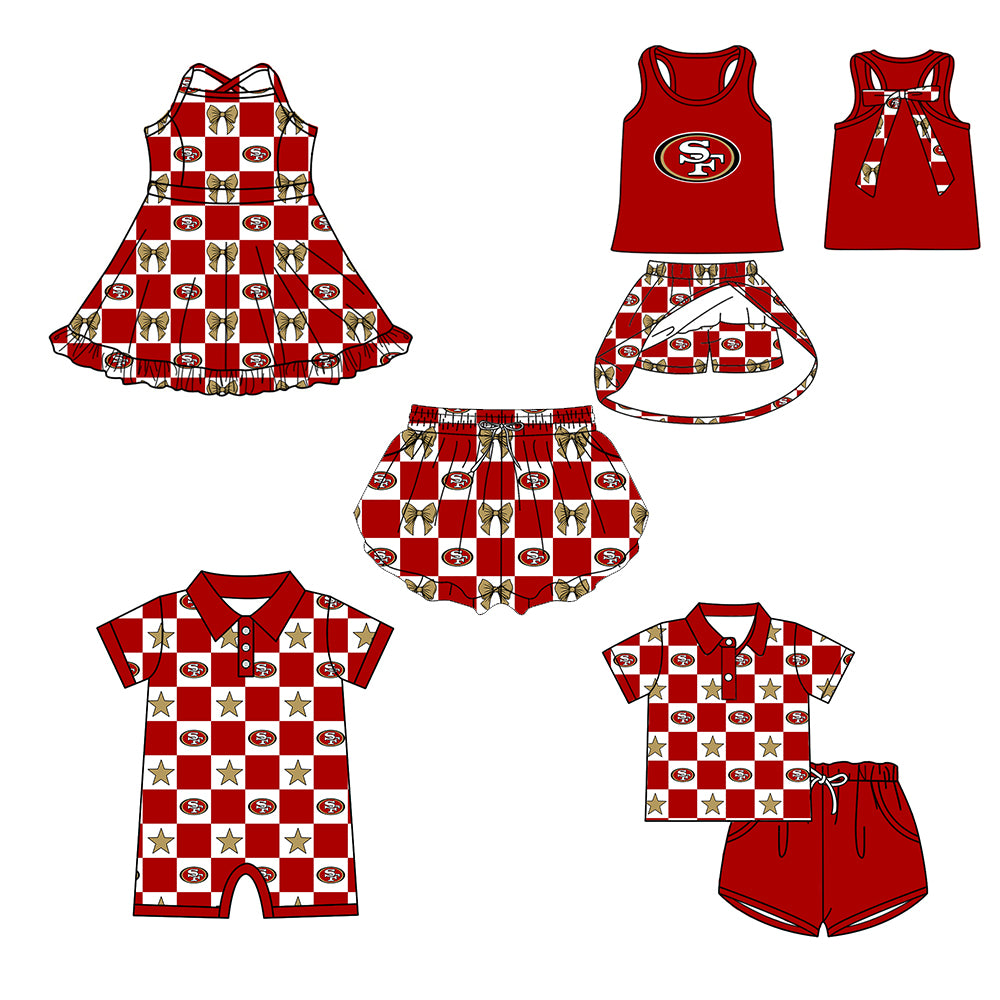 ( Moq 5 Each Style ) Baby Boys Girls Toddler Bows Team Sibling Red Shorts Dress Shirt Set Clothes