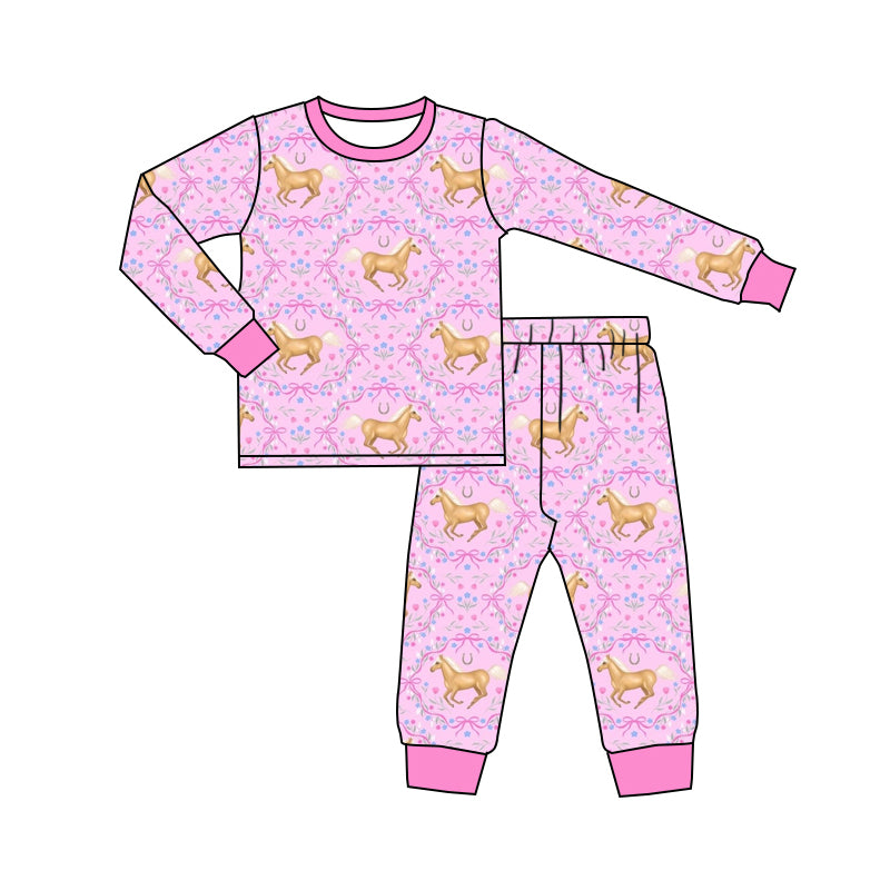 Baby Girl Long Sleeves Horse Floral Bow Shirt Pants Pajamas Western Set