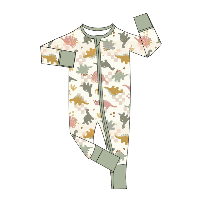 Baby Boy Infant Long Sleeves Dinosaurs Checkered Zipper Romper