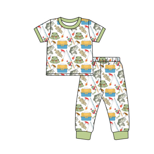 ( Moq 5 ) Preorder Baby Boys Short Sleeves Fishing Shirt Pants Green Pajamas Set