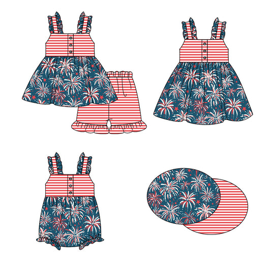 Baby Girl July 4th Fireworks Stripes Sibling Romper Dress Set ( Moq 5 Each Style ) 1.16