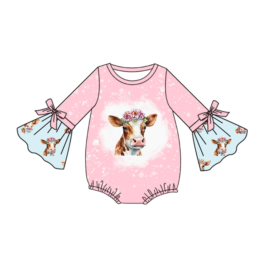 Baby Girl Infant Long Sleeves Cow Floral Western Bubble Romper