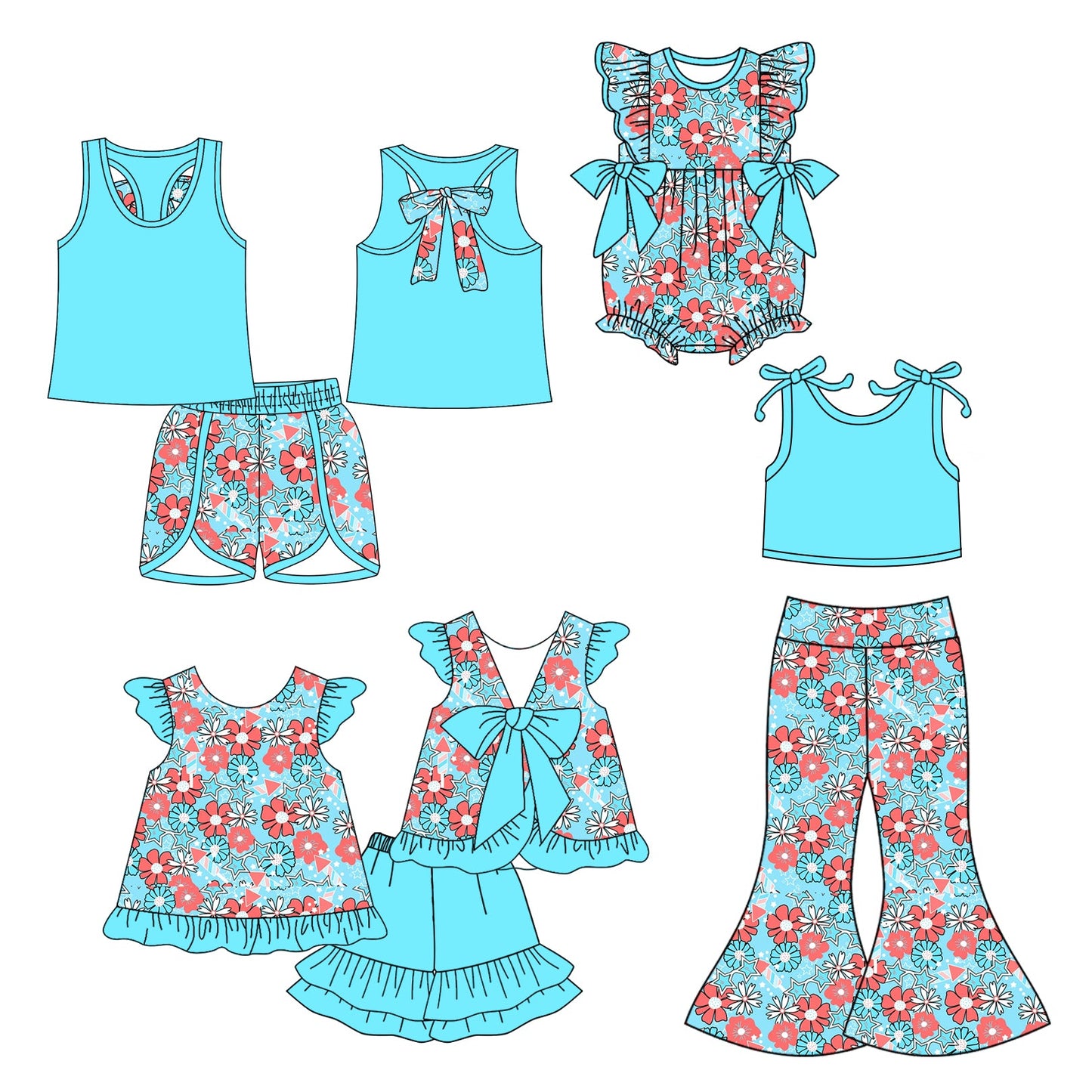 ( Moq 5 Each Style ) Baby Girl Summer Flower Blue Sibling Romper Set 4.24