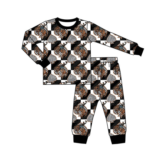 Baby Boy Long Sleeves Rodeo Hearts Checkered Shirt Pants Pajamas Western Set