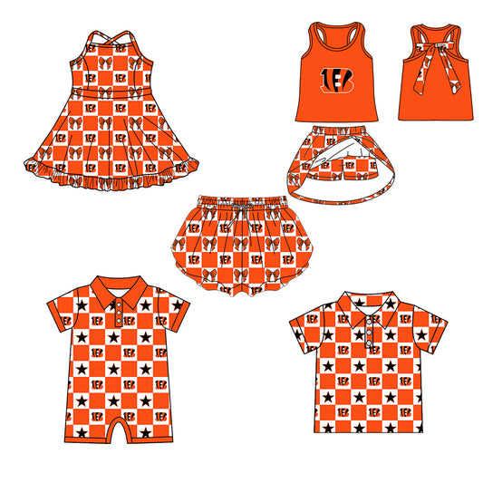( Moq 5 Each Style ) Baby Boys Girls Toddler Orange Bows Team Sibling Shorts Dress Shirt Set Clothes