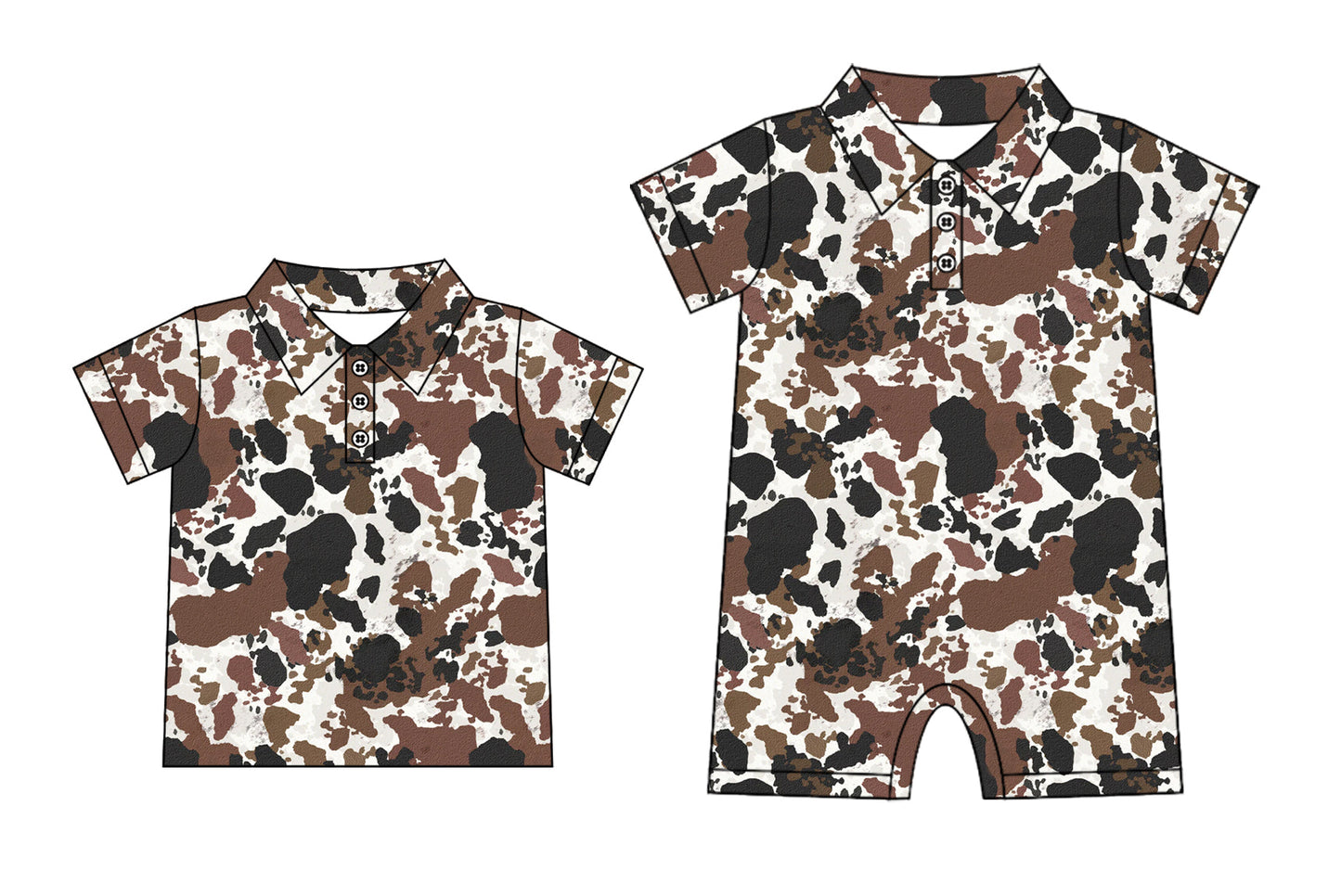 Baby Boy Short Sleeves Western Brown Cow Print Sibling Romper Shirt ( Moq 5 Each Style ) 3.18
