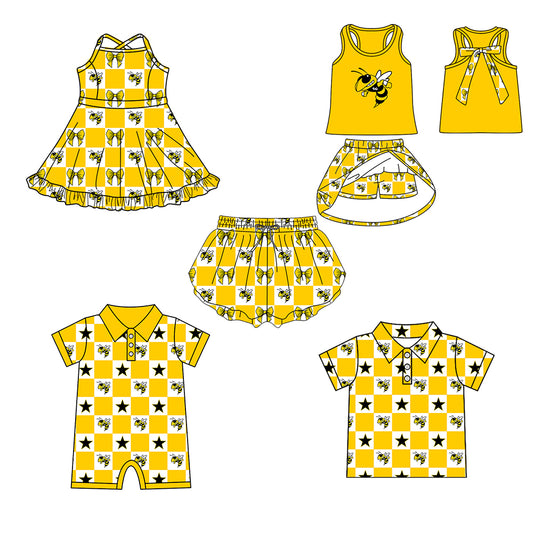 ( Moq 5 Each Style ) Baby Boys Girls Toddler Bee Bows Team Sibling Shorts Dress Shirt Set Clothes