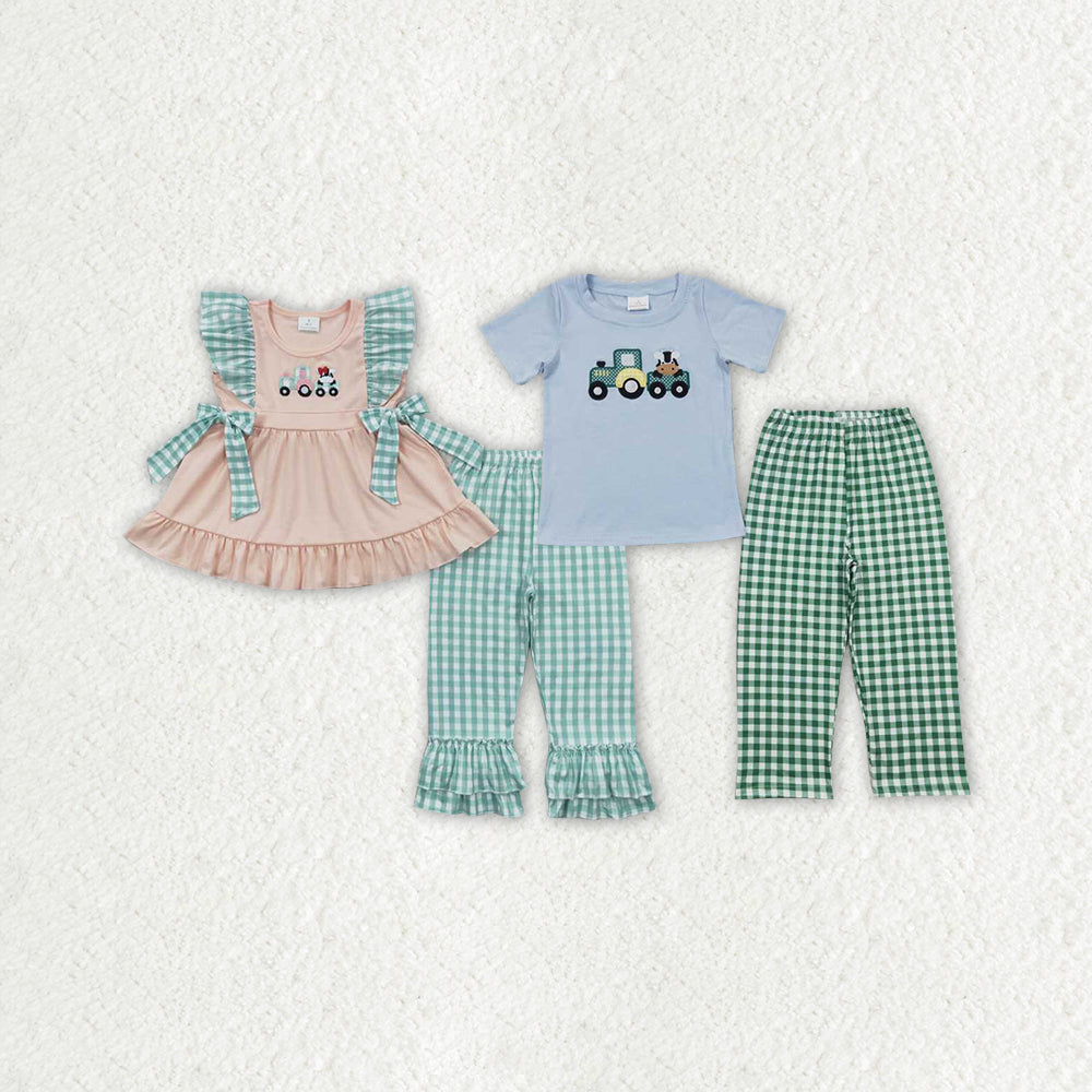 Baby Boy Girl Short Sleeves Embroidery Tractor Cow Pants Sibling Farm Clothes Set