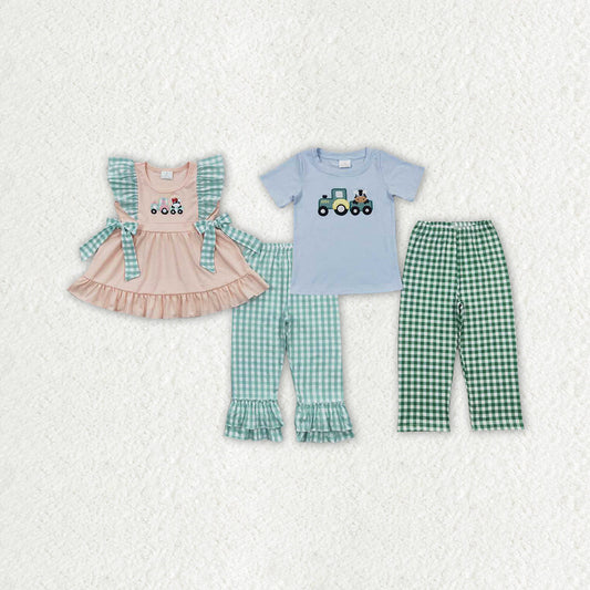 Baby Boy Girl Short Sleeves Embroidery Tractor Cow Pants Sibling Farm Clothes Set