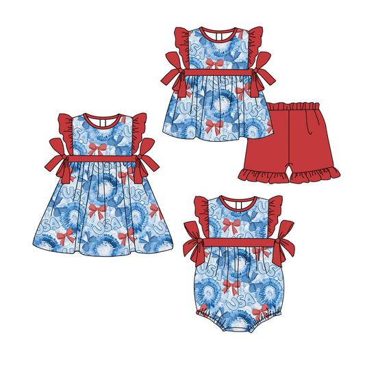 Baby Girl Bows July 4th Sibling Summer Romper Dress Clothes Set ( Moq 5 Each Design )11.23