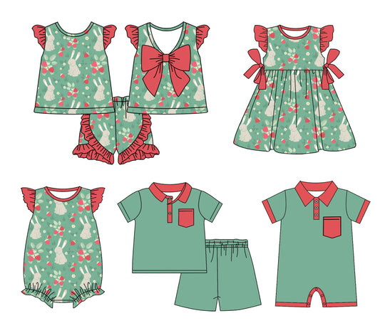 Baby Boy Girl Easter Strawberry Rabbits Sibling Romper Dress Set ( Moq 5 Each Style ) 1.23