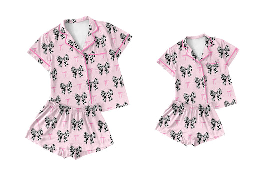 Baby Girl Toddler Adult Women Short Sleeves Pink Western Bows Sibling Family Pajamas Set ( Moq 5 Each Style ) 12.28