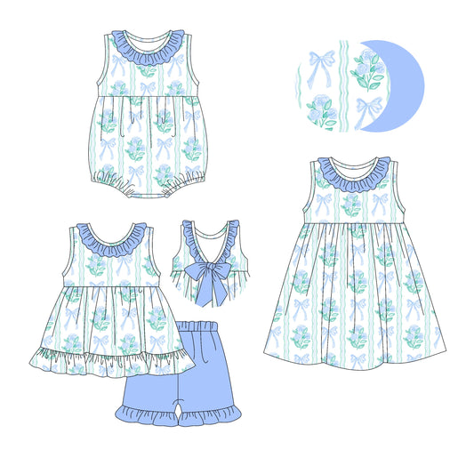 Baby Girl Blue Bows Flower Ruffle Sibling Romper Dress Set ( Moq 5 Each Style ) 3.12