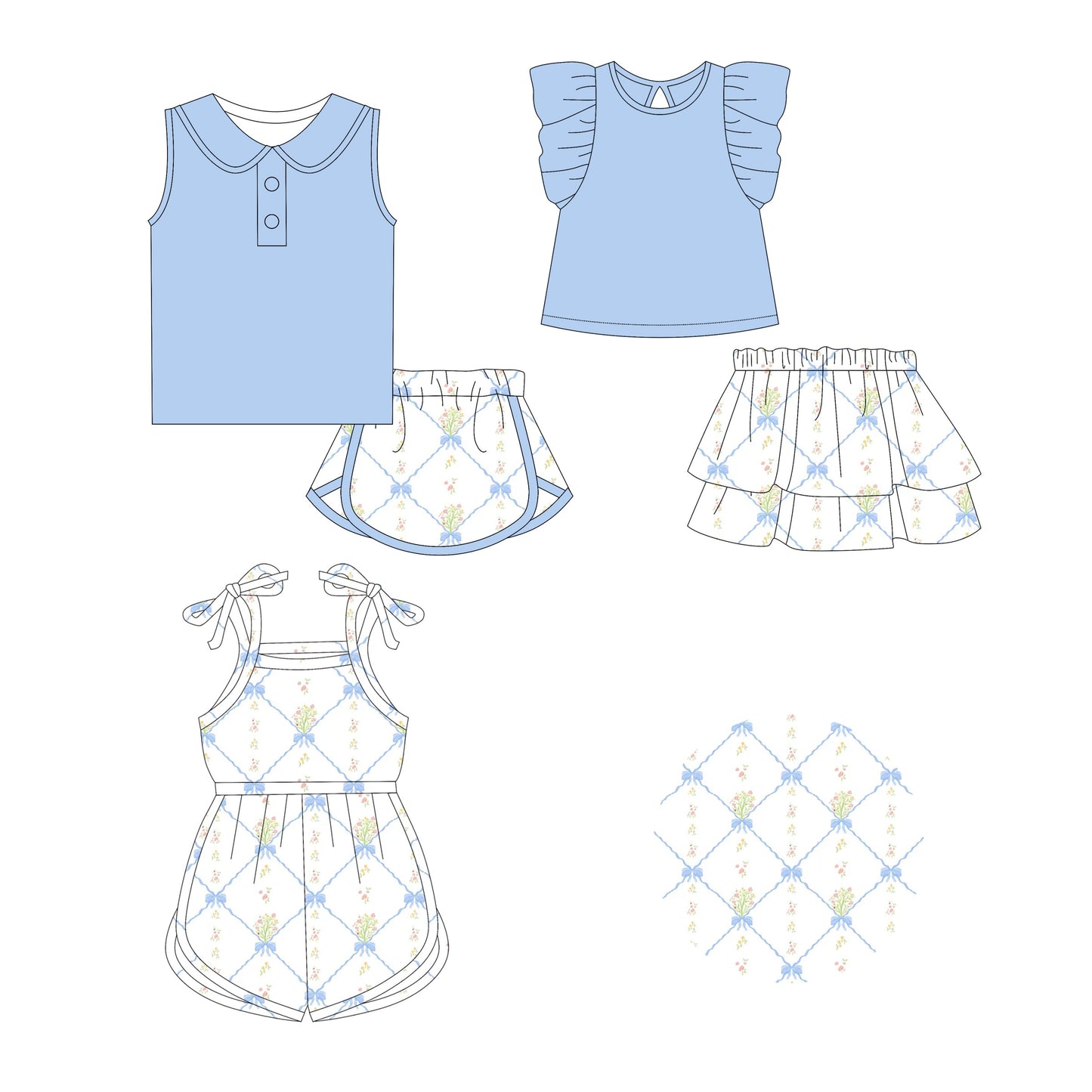 Baby Girl Flower Bows Blue Sibling Romper Dress Set ( Moq 5 Each Style ) 2.21