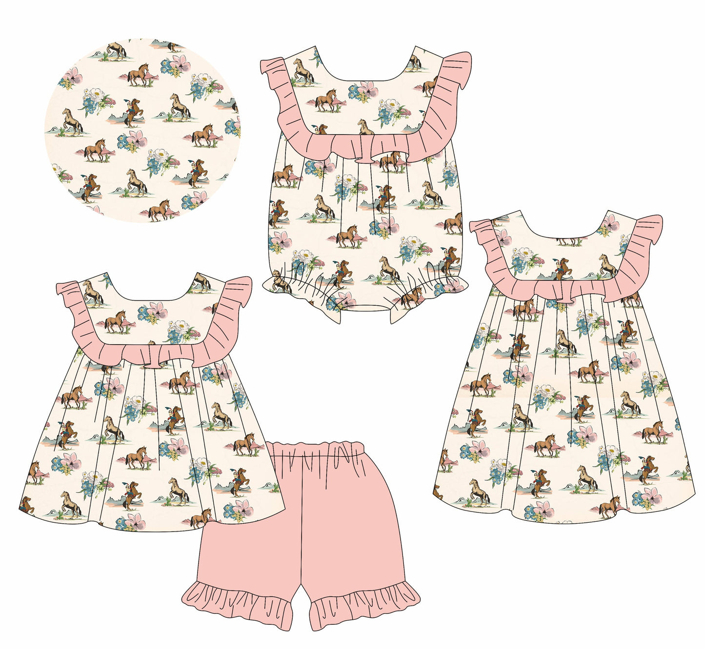 Baby Girl Horse Flower Sibling Romper Dress Set ( Moq 5 Each Style ) 1.17