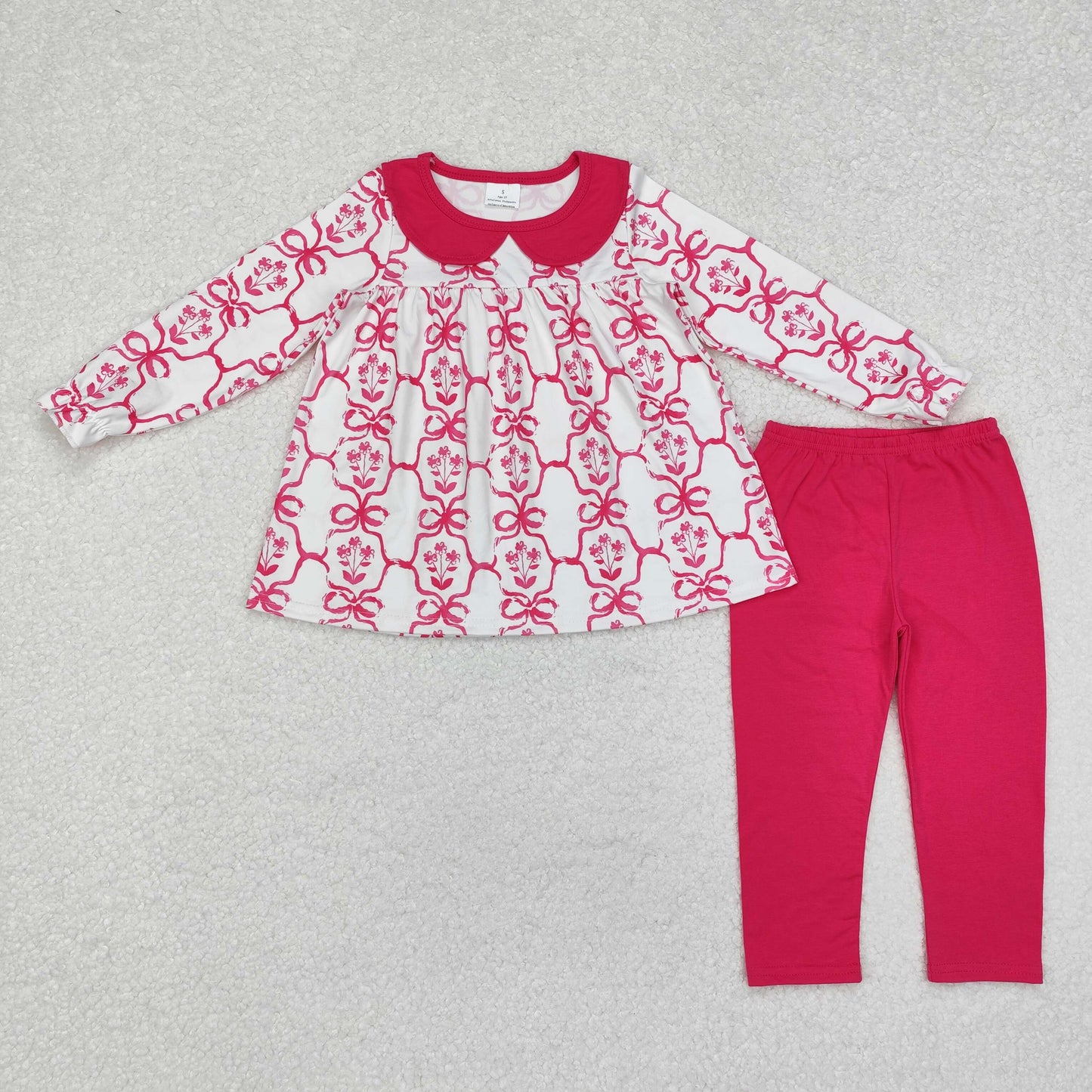 Baby Girl Long Sleeves Pink Bows Flower Tunic Cotton Legging Pants Set