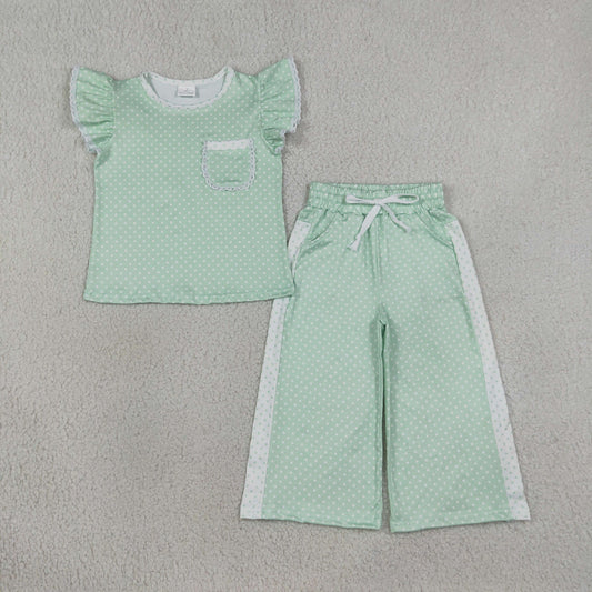 Baby Girl Kids Short Sleeves Pocket Shirt Dots Pants Green Set Clothes RTS