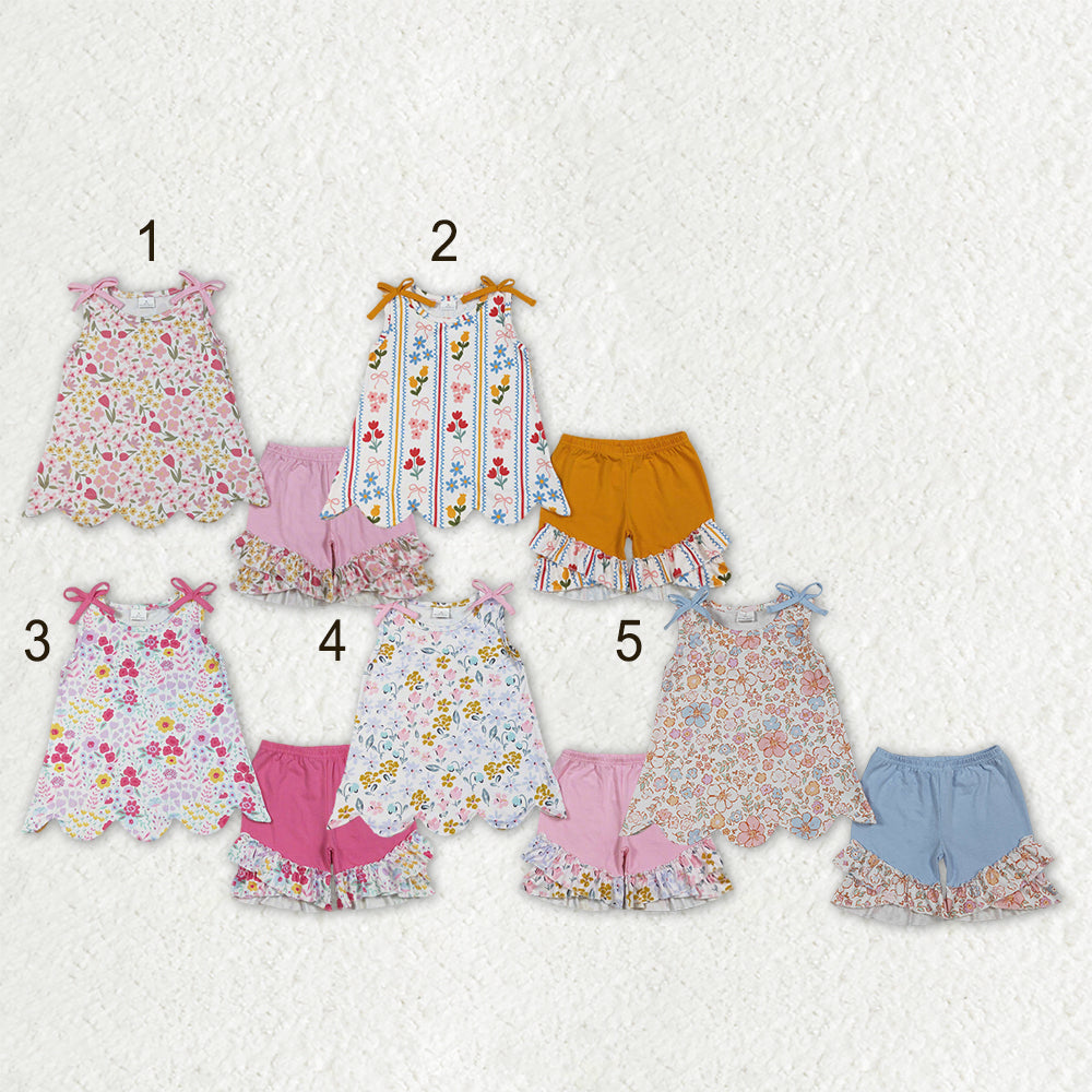 Sibling Baby Girls Kids Bows Sleeveless Flower Scallop Tops Ruffle Shorts Sets Clothes RTS