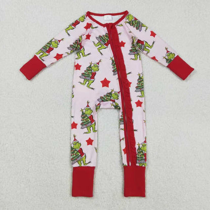 Girls Kids Green Face Stars Sibling Christmas Pajamas Dress Zipper Footie Romper Set Pink Clothes RTS