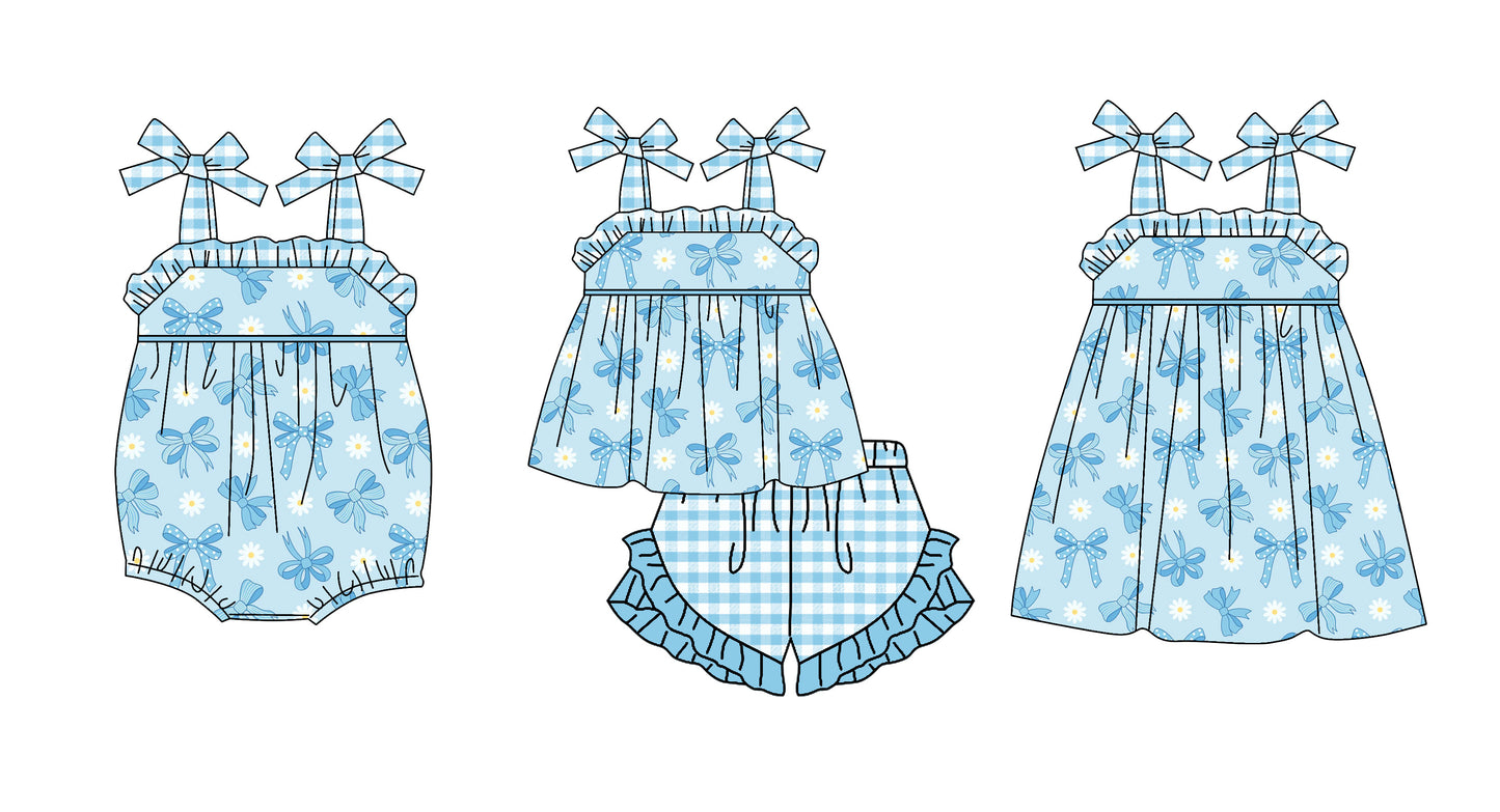 ( Moq 5 Each Style ) Sibling Baby Girls Kids Blue Bows Flower Romper Dress Set Summer Clothes