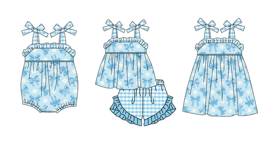 ( Moq 5 Each Style ) Sibling Baby Girls Kids Blue Bows Flower Romper Dress Set Summer Clothes