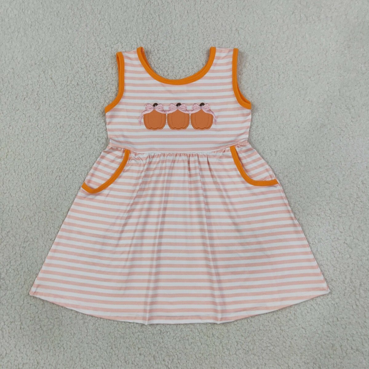Baby Girls Kids Embroidery Pumpkins Bows Stripes Pockets Dress Fall Clothe RTS