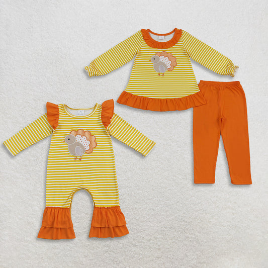 Sibling Baby Girls Kids Long Sleeves Embroidery turkey Stripes Fall Romper Set Thanksgiving Clothes RTS