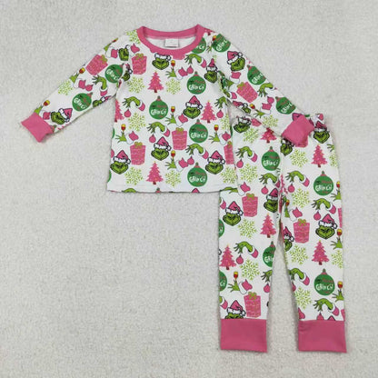 Sibling Girls Kids Long Sleeves Green Face Tree Christmas Zipper Romper Dress Set RTS