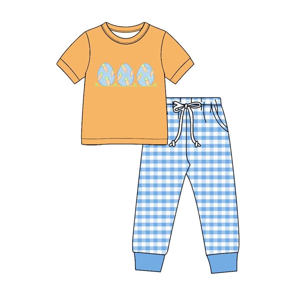 ( Moq 5 ) Preorder Baby Boys Kids Carrots Eggs Shirt Blue Plaid Pockets Pants Easter Set Clothes