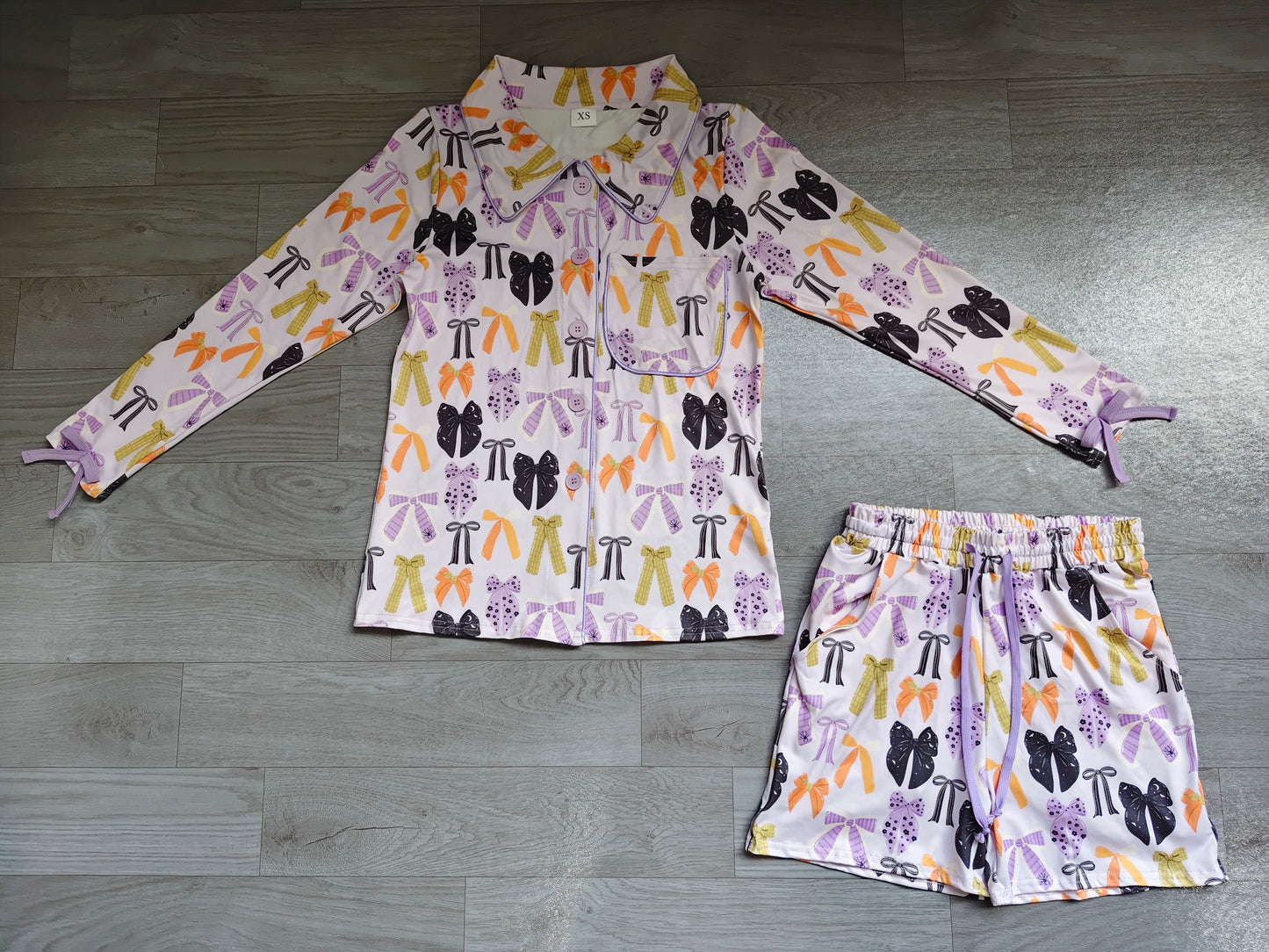 ( No moq ) Preorder Adult Women Halloween Bows Buttons Tops Pockets Shorts Pajamas Purple Set