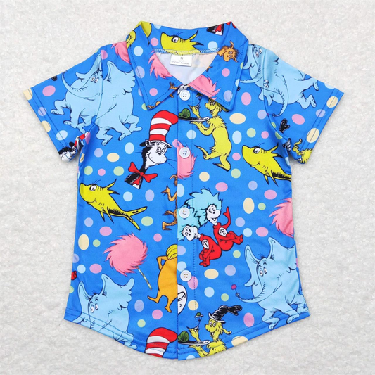 BT0421 Baby Boy Short Sleeves Dr Reading Button Up Blue Shirt