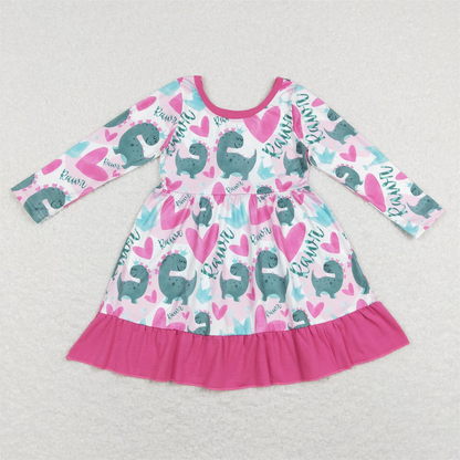 GLD0491 Baby Girl Long Sleeves Valentine's Hearts Dinosaurs Dress