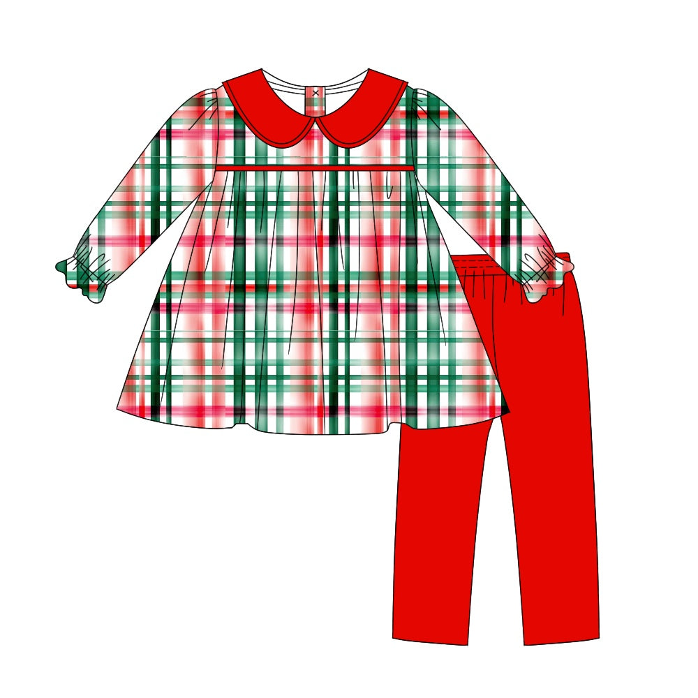 Baby Girl Red Green Plaid Tunic Pants Christmas Set