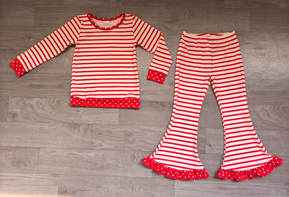 ( No moq ) Preorder Baby Girls Kids Long Sleeves Red Stripes Shirt Ruffle Pants Set Clothes