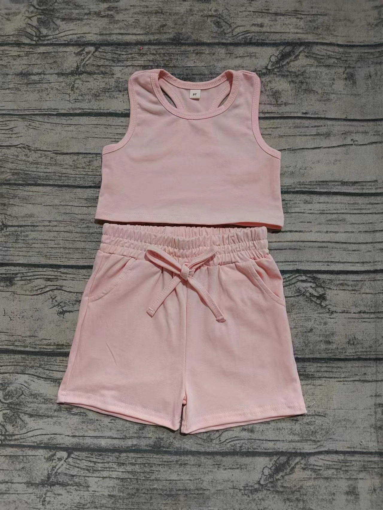 ( Moq 5  ) Baby Girl Toddler Sleeveless Pink Vest Tops Pockets Shorts Set
