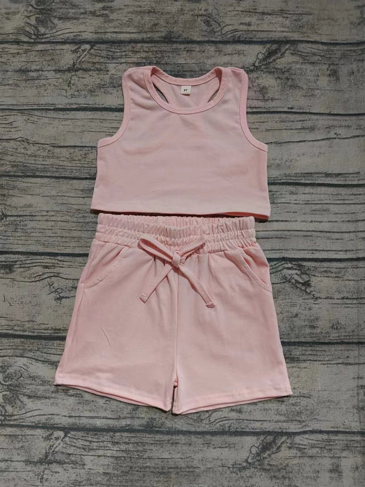 ( Moq 5  ) Baby Girl Toddler Sleeveless Pink Vest Tops Pockets Shorts Set