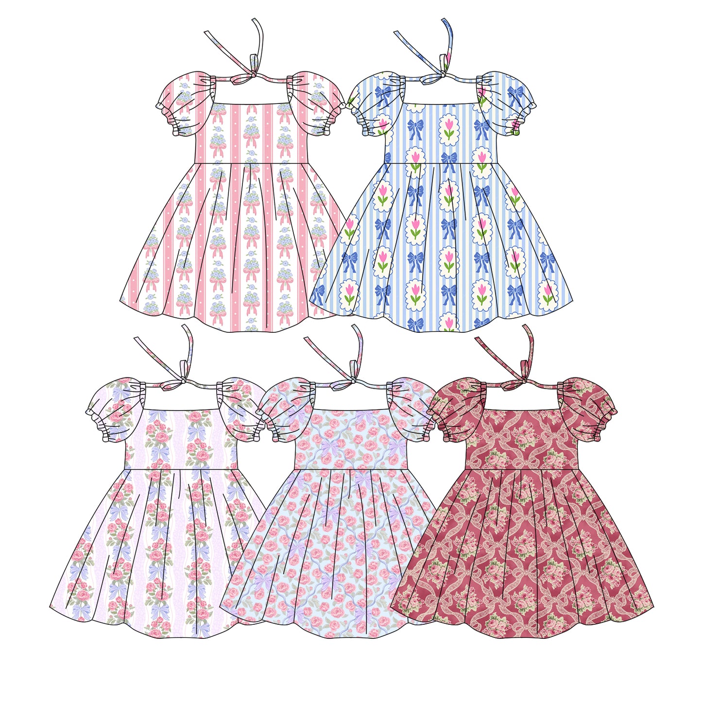 ( Moq 5 Each Style ) Sibling Baby Girls Kids Short Sleeves Bows Flower Summer Knee Length Dresses